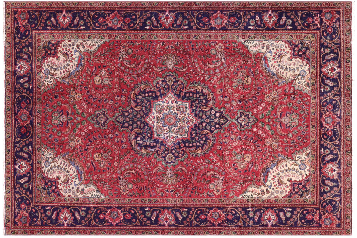 7x10 hand knotted vintage style Persian Kashan design wool rug in red and blue - Vintage Retro Kashan Teresa