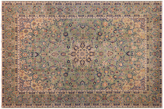 handmade Vintage Kashan Green Blue Hand Knotted RECTANGLE 100% WOOL area rug 10' x 13'