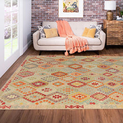 Flat Weave Kilim Antique Navaho Vintage handmade Geometric Kilim Blue Purple Hand-Woven Rectangle 100% Wool Area Rug 9x12