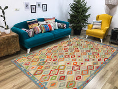 handmade Geometric Kilim Rust Blue Hand-Woven RECTANGLE 100% WOOL area rug 10 x 13