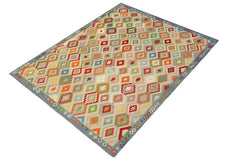 Flat Weave Kilim Antique Navaho Vintage handmade Geometric Kilim Rust Blue Hand-Woven Rectangle 100% Wool Area Rug 10x13