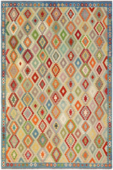 Flat Weave Kilim Antique Navaho Vintage handmade Geometric Kilim Rust Blue Hand-Woven Rectangle 100% Wool Area Rug 10x13