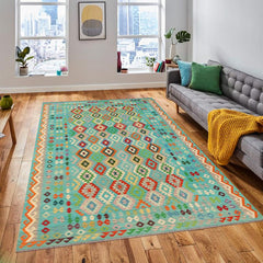 Flat Weave Kilim Antique Navaho Vintage handmade Geometric Kilim Blue Red Hand-Woven Rectangle 100% Wool Area Rug 9x12