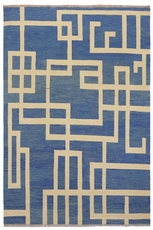 Flat Weave Kilim Antique Navaho Vintage handmade Modern Kilim Blue Beige Hand-Woven Rectangle 100% Wool Area Rug 8x10
