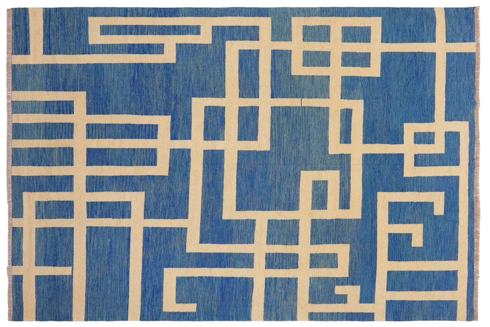 handmade Modern Kilim Blue Beige Hand-Woven RECTANGLE 100% WOOL area rug 8' x 10'