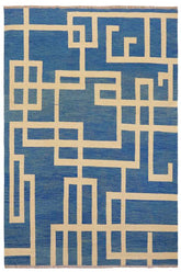 Flat Weave Kilim Antique Navaho Vintage handmade Modern Kilim Blue Beige Hand-Woven Rectangle 100% Wool Area Rug 8x10