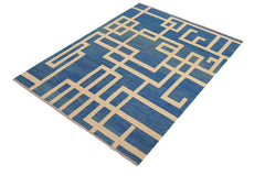Flat Weave Kilim Antique Navaho Vintage handmade Modern Kilim Blue Beige Hand-Woven Rectangle 100% Wool Area Rug 8x10