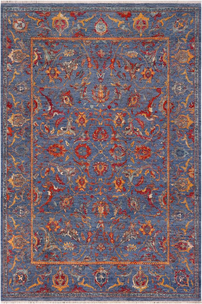 handmade Traditional Kafkaz Blue Rust Hand Knotted RECTANGLE WOOL&SILK area rug 9 x 12