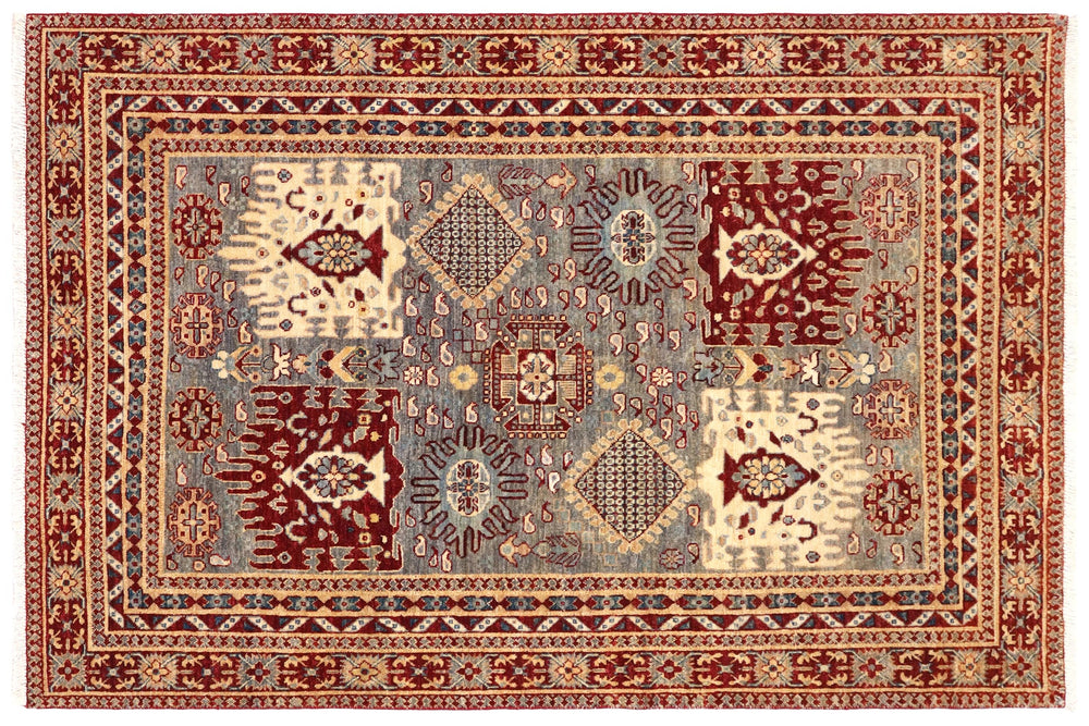 handmade Transitional Kafkaz Gray Red Hand Knotted RECTANGLE 100% WOOL area rug 5' x 6'