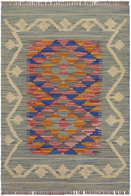 Flat Weave Kilim Antique Navaho Vintage handmade Geometric Kilim Blue Beige Hand-Woven Rectangle 100% Wool Area Rug 2x3