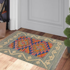 Flat Weave Kilim Antique Navaho Vintage handmade Geometric Kilim Blue Beige Hand-Woven Rectangle 100% Wool Area Rug 2x3