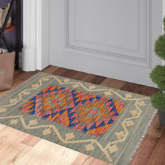 handmade Geometric Kilim Blue Beige Hand-Woven RECTANGLE 100% WOOL area rug 2' x 3'