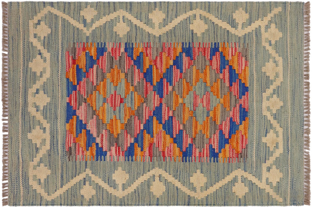 handmade Geometric Kilim Blue Beige Hand-Woven RECTANGLE 100% WOOL area rug 2' x 3'
