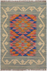 Flat Weave Kilim Antique Navaho Vintage handmade Geometric Kilim Blue Beige Hand-Woven Rectangle 100% Wool Area Rug 2x3