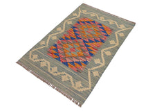 Flat Weave Kilim Antique Navaho Vintage handmade Geometric Kilim Blue Beige Hand-Woven Rectangle 100% Wool Area Rug 2x3