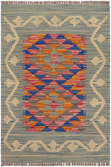 Flat Weave Kilim Antique Navaho Vintage handmade Geometric Kilim Blue Beige Hand-Woven Rectangle 100% Wool Area Rug 2x3