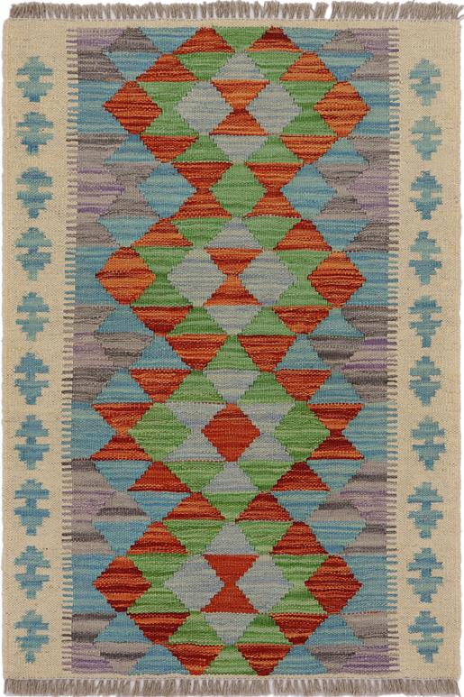 Flat Weave Kilim Antique Navaho Vintage handmade Geometric Kilim Beige Blue Hand-Woven Rectangle 100% Wool Area Rug 2x3