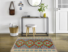 Flat Weave Kilim Antique Navaho Vintage handmade Geometric Kilim Beige Blue Hand-Woven Rectangle 100% Wool Area Rug 2x3