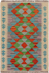 Flat Weave Kilim Antique Navaho Vintage handmade Geometric Kilim Beige Blue Hand-Woven Rectangle 100% Wool Area Rug 2x3