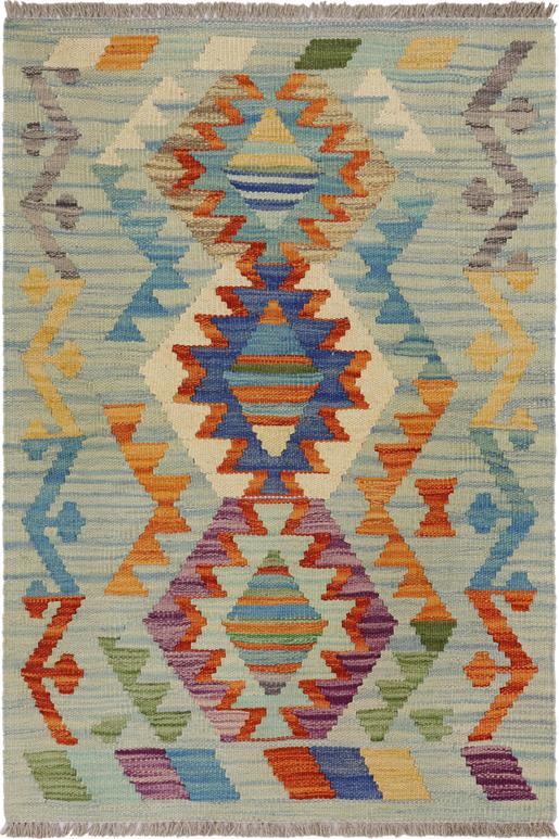 Flat Weave Kilim Antique Navaho Vintage handmade Geometric Kilim Blue Beige Hand-Woven Rectangle 100% Wool Area Rug 2x3
