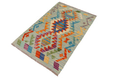 Flat Weave Kilim Antique Navaho Vintage handmade Geometric Kilim Blue Beige Hand-Woven Rectangle 100% Wool Area Rug 2x3