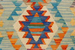Flat Weave Kilim Antique Navaho Vintage handmade Geometric Kilim Blue Beige Hand-Woven Rectangle 100% Wool Area Rug 2x3