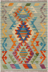 Flat Weave Kilim Antique Navaho Vintage handmade Geometric Kilim Blue Beige Hand-Woven Rectangle 100% Wool Area Rug 2x3