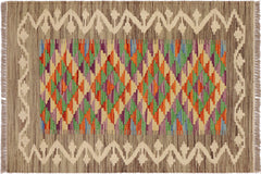 handmade Geometric Kilim Gray Beige Hand-Woven RECTANGLE 100% WOOL area rug 2' x 3'
