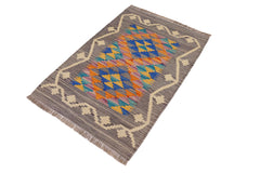 handmade Geometric Kilim Gray Beige Hand-Woven RECTANGLE 100% WOOL area rug 2' x 3'