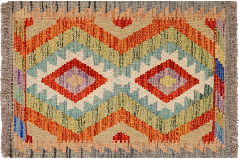 handmade Geometric Kilim Gray Rust Hand-Woven RECTANGLE 100% WOOL area rug 2' x 3'