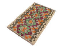 Flat Weave Kilim Antique Navaho Vintage handmade Geometric Kilim Gray Beige Hand-Woven Rectangle 100% Wool Area Rug 2x3