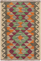 Flat Weave Kilim Antique Navaho Vintage handmade Geometric Kilim Gray Beige Hand-Woven Rectangle 100% Wool Area Rug 2x3