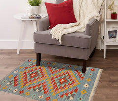 Flat Weave Kilim Antique Navaho Vintage handmade Geometric Kilim Blue Rust Hand-Woven Rectangle 100% Wool Area Rug 2x3