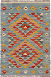 Flat Weave Kilim Antique Navaho Vintage handmade Geometric Kilim Blue Rust Hand-Woven Rectangle 100% Wool Area Rug 2x3