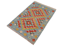 Flat Weave Kilim Antique Navaho Vintage handmade Geometric Kilim Blue Rust Hand-Woven Rectangle 100% Wool Area Rug 2x3