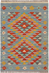 Flat Weave Kilim Antique Navaho Vintage handmade Geometric Kilim Blue Rust Hand-Woven Rectangle 100% Wool Area Rug 2x3