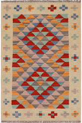 Flat Weave Kilim Antique Navaho Vintage handmade Geometric Kilim Beige Red Hand-Woven Rectangle 100% Wool Area Rug 2x3