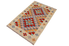 Flat Weave Kilim Antique Navaho Vintage handmade Geometric Kilim Beige Red Hand-Woven Rectangle 100% Wool Area Rug 2x3