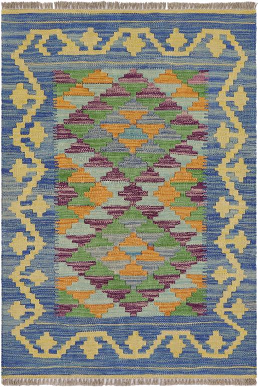 Flat Weave Kilim Antique Navaho Vintage handmade Geometric Kilim Blue Gold Hand-Woven Rectangle 100% Wool Area Rug 2x3