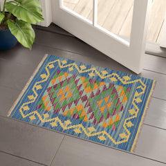Flat Weave Kilim Antique Navaho Vintage handmade Geometric Kilim Blue Gold Hand-Woven Rectangle 100% Wool Area Rug 2x3