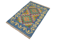 Flat Weave Kilim Antique Navaho Vintage handmade Geometric Kilim Blue Gold Hand-Woven Rectangle 100% Wool Area Rug 2x3