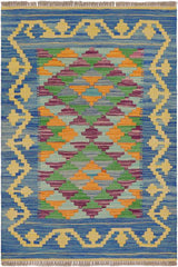 Flat Weave Kilim Antique Navaho Vintage handmade Geometric Kilim Blue Gold Hand-Woven Rectangle 100% Wool Area Rug 2x3