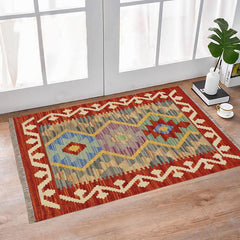Flat Weave Kilim Antique Navaho Vintage handmade Geometric Kilim Red Beige Hand-Woven Rectangle 100% Wool Area Rug 2x3