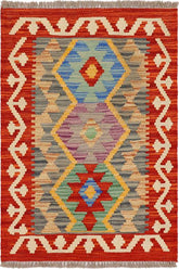 Flat Weave Kilim Antique Navaho Vintage handmade Geometric Kilim Red Beige Hand-Woven Rectangle 100% Wool Area Rug 2x3