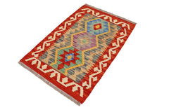 Flat Weave Kilim Antique Navaho Vintage handmade Geometric Kilim Red Beige Hand-Woven Rectangle 100% Wool Area Rug 2x3