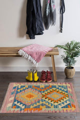 Flat Weave Kilim Antique Navaho Vintage handmade Geometric Kilim Purple Beige Hand-Woven Rectangle 100% Wool Area Rug 2x3