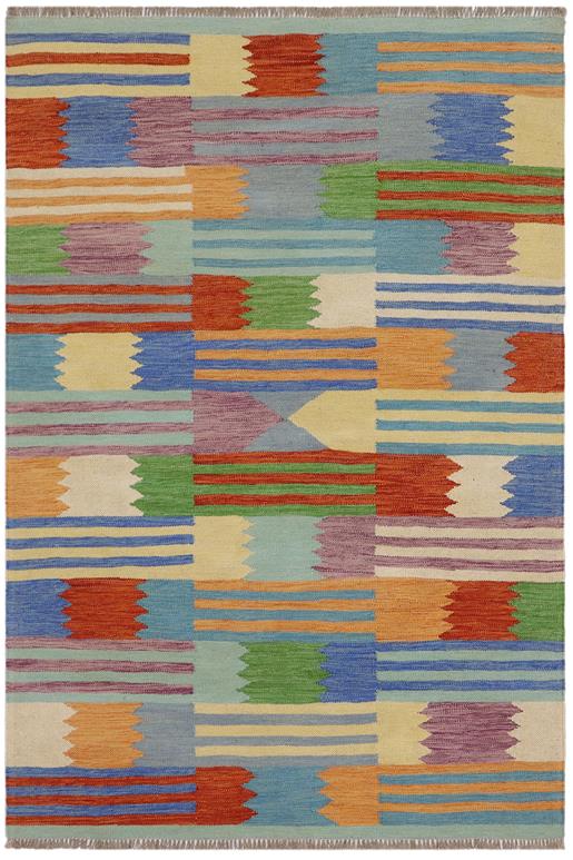 Flat Weave Kilim Antique Navaho Vintage handmade Modern Kilim Blue Rust Hand-Woven Rectangle 100% Wool Area Rug 4x6