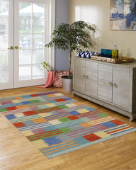 Flat Weave Kilim Antique Navaho Vintage handmade Modern Kilim Blue Rust Hand-Woven Rectangle 100% Wool Area Rug 4x6