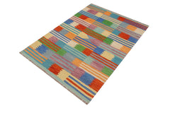 Flat Weave Kilim Antique Navaho Vintage handmade Modern Kilim Blue Rust Hand-Woven Rectangle 100% Wool Area Rug 4x6