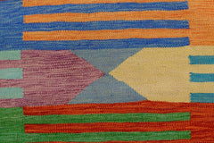 Flat Weave Kilim Antique Navaho Vintage handmade Modern Kilim Blue Rust Hand-Woven Rectangle 100% Wool Area Rug 4x6